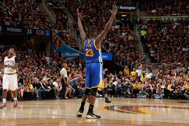 CLEVELAND, OH - JUNE 16: Draymond Green #23 of the Golden State Warriors reacts during Game Six of the 2015 NBA Finals at The Quicken Loans Arena on June 16, 2015 in Cleveland, Ohio. NOTE TO USER: User expressly acknowledges and agrees that, by downloading and/or using this Photograph, user is consenting to the terms and conditions of the Getty Images License Agreement. Mandatory Copyright Notice: Copyright 2015 NBAE (Photo by Andrew D. Bernstein/NBAE via Getty Images)