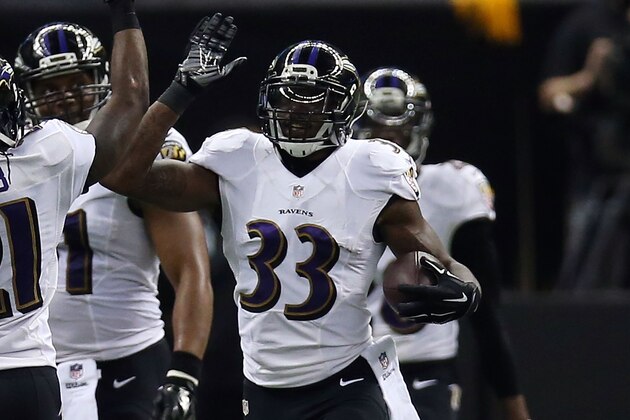 NEW ORLEANS, LA - NOVEMBER 24: Will Hill #33 of the Baltimore Ravens celebrates a touchdown during the third quarter of a game against the New Orleans Saints at the Mercedes-Benz Superdome on November 24, 2014 in New Orleans, Louisiana.  (Photo by Chris Graythen/Getty Images)