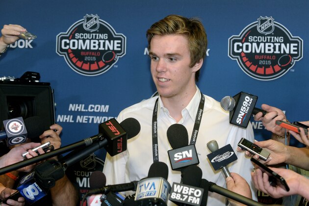 Connor McDavid, answers a question about being the center of media attention during the NHL Combine, Friday, June 5, 2015, in Buffalo, N.Y. (AP Photo/Gary Wiepert)