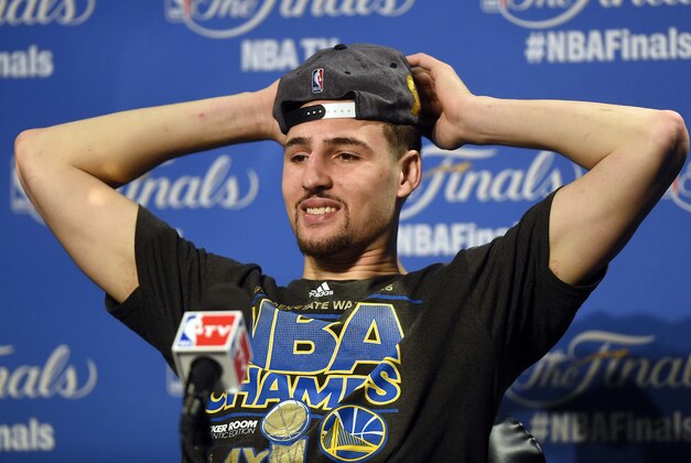 Jun 16, 2015; Cleveland, OH, USA; Golden State Warriors guard Klay Thompson (11) talks to the media after beating the Cleveland Cavaliers in game six of the NBA Finals at Quicken Loans Arena. Mandatory Credit: Ken Blaze-USA TODAY Sports