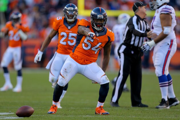 DENVER, CO - DECEMBER 7:  Outside linebacker Brandon Marshall #54 of the Denver Broncos celebrates his third quarter interception against the Buffalo Bills at Sports Authority Field Field at Mile High on December 7, 2014 in Denver, Colorado. The Broncos defeated the Bills 24-17. (Photo by Justin Edmonds/Getty Images)