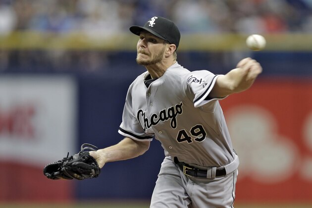 Chicago White Sox starting pitcher Chris Sale delivers to the Tampa Bay Rays during the first inning of a baseball game Sunday, June 14, 2015, in St. Petersburg, Fla.  (AP Photo/Chris O'Meara)
