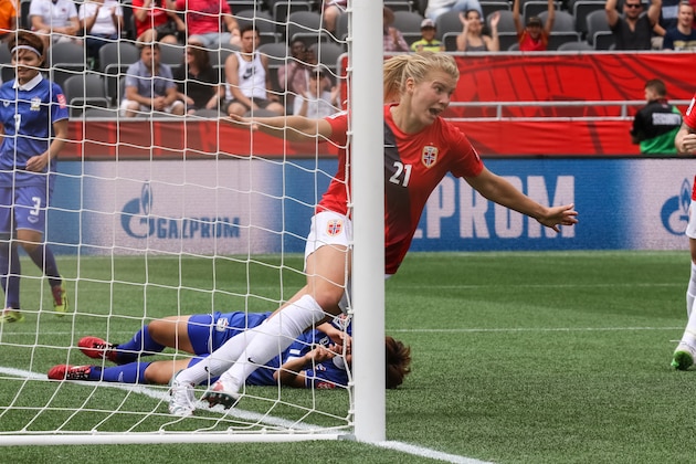 OTTAWA, ON - JUNE 7: Ada Hegerberg #21 of Norway celebrates her second half goal against Thailand during the FIFA Women's World Cup Canada 2015 Group B match between Norway and Thailand at Lansdowne Stadium on June 7, 2015 in Ottawa, Canada.  (Photo by Andre Ringuette/Getty Images)