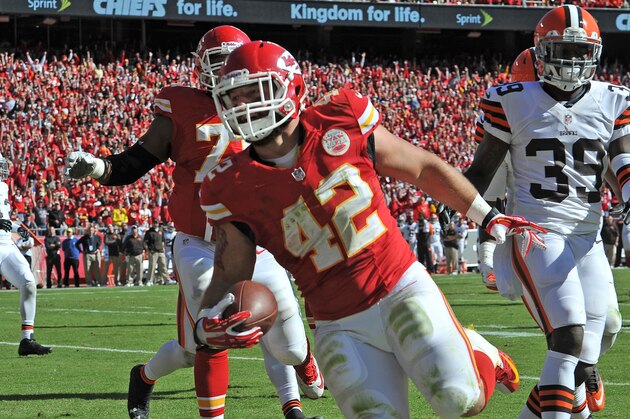 KANSAS CITY, MO - OCTOBER 27: Running back Anthony Sherman #42 of the Kansas City Chiefs rushes in for a 12-yard touchdown against the Cleveland Browns during the first half on October 27, 2013 at Arrowhead Stadium in Kansas City, Missouri. (Photo by Peter Aiken/Getty Images)