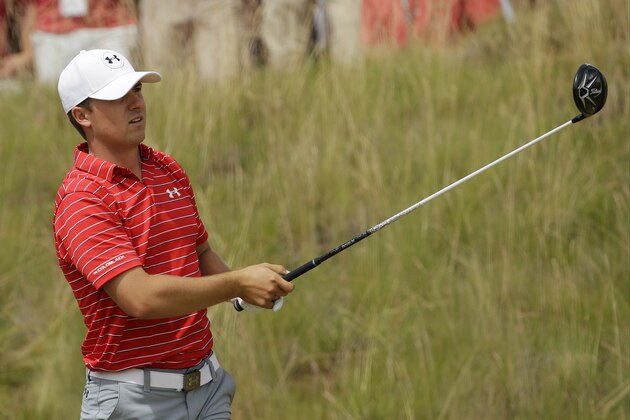 Jordan Spieth watches his tee shot on the sixth hole during the first round of the U.S. Open golf tournament at Chambers Bay on Thursday, June 18, 2015 in University Place, Wash. (AP Photo/Ted S. Warren)
