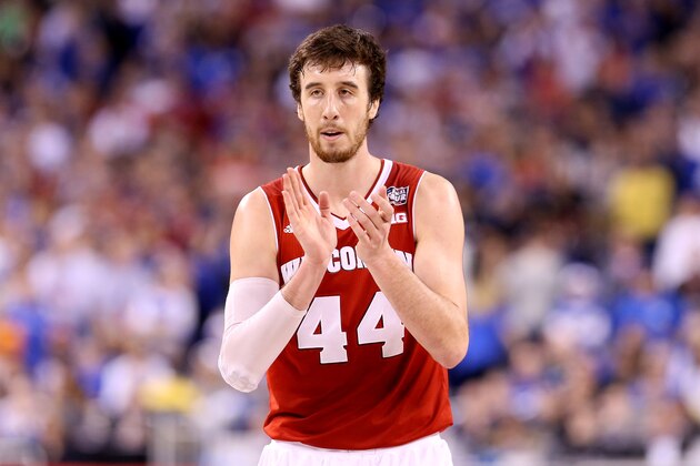 INDIANAPOLIS, IN - APRIL 04:  Frank Kaminsky #44 of the Wisconsin Badgers reacts late in the game against the Kentucky Wildcats during the NCAA Men's Final Four Semifinal at Lucas Oil Stadium on April 4, 2015 in Indianapolis, Indiana.  (Photo by Streeter Lecka/Getty Images)