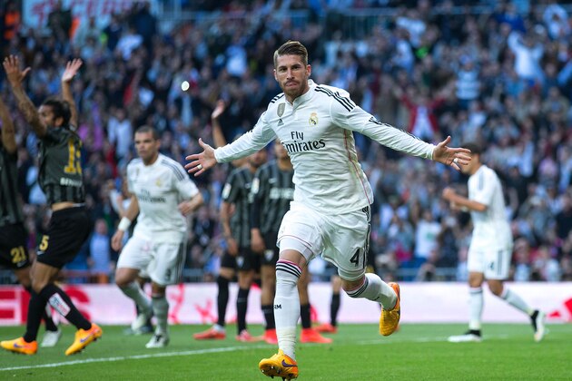 MADRID, SPAIN - APRIL 18: Sergio Ramos of Real Madrid CF celebrates scoring their opening goal during the La Liga match between Real Madrid CF and Malaga CF at Estadio Santiago Bernabeu on April 18, 2015 in Madrid, Spain.  (Photo by Gonzalo Arroyo Moreno/Getty Images)
