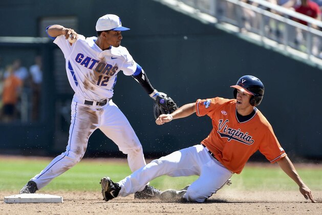 Florida shortstop Richie Martin (12) throws to first base for a double play after forcing out Virgina's Adam Haseley, in the fifth inning of an NCAA College World Series baseball game at TD Ameritrade Park in Omaha, Neb., Friday, June 19, 2015. (AP Photo/Mike Theiler)
