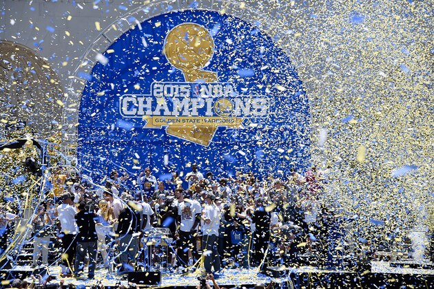 OAKLAND, CA - JUNE 19:  The Golden State Warriors celebrates their 2015 NBA Championship at The Henry J. Kaiser Convention Center during thier Victory Parade and Rally on June 19, 2015 in Oakland, California.  (Photo by Thearon W. Henderson/Getty Images)