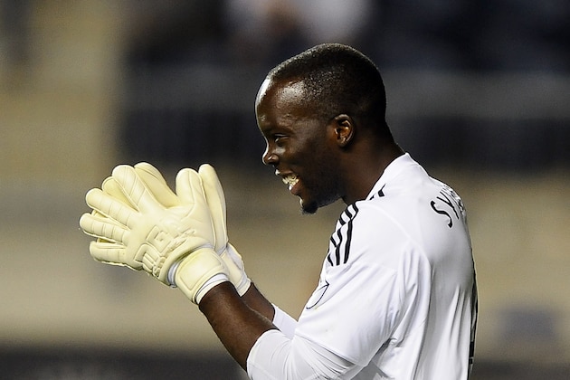 Philadelphia Union goalie Brian Sylvestre celebrates at the end of an MLS soccer match against the Columbus Crew, Wednesday, June 3, 2015, 2015, in Chester, Pa. The Union beat the Crew 3-0. (AP Photo/Michael Perez)