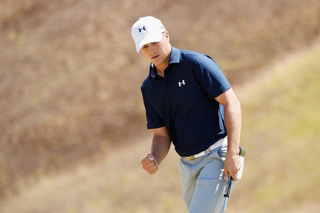 UNIVERSITY PLACE, WA - JUNE 19:  Jordan Spieth of the United States celebrates after a birdie putt on the ninth green during the second round of the 115th U.S. Open Championship at Chambers Bay on June 19, 2015 in University Place, Washington.  (Photo by Harry How/Getty Images)