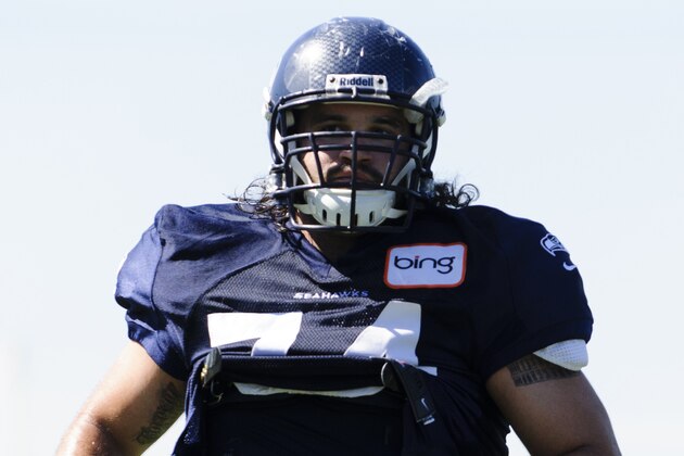 Jul 27, 2013; Renton, WA, USA; Seattle Seahawks guard John Moffitt (74) during the 3rd day of training camp at the Virginia Mason Athletic Center. Mandatory Credit: Steven Bisig-USA TODAY Sports