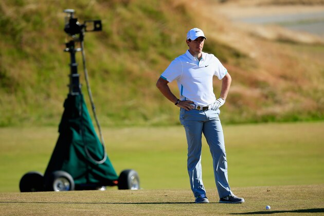 UNIVERSITY PLACE, WA - JUNE 19:  Rory McIlroy of Northern Ireland waits on the 11th hole alongside a mobile television camera during the second round of the 115th U.S. Open Championship at Chambers Bay on June 19, 2015 in University Place, Washington.  (Photo by David Cannon/Getty Images)