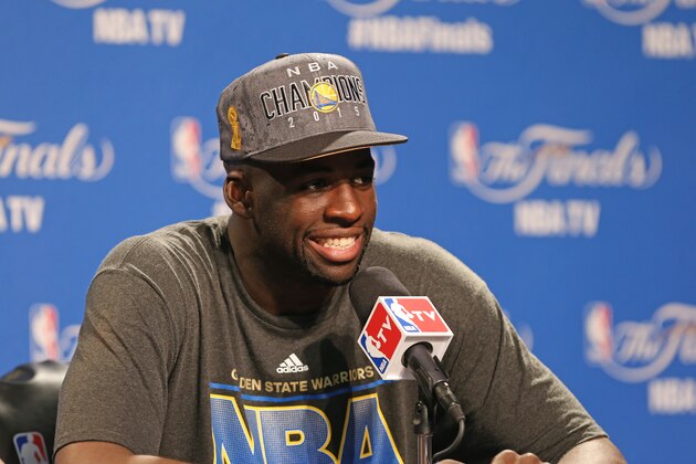 CLEVELAND, OH - JUNE 16:  Draymond Green #23 of the Golden State Warriors speaks at the post game press conference after Game Six of the 2015 NBA Finals against the Cleveland Cavaliers on June 16, 2015 at Quicken Loans Arena in Cleveland, Ohio. NOTE TO USER: User expressly acknowledges and agrees that, by downloading and/or using this photograph, user is consenting to the terms and conditions of the Getty Images License Agreement. Mandatory Copyright Notice: Copyright 2015 NBAE (Photo by Joe Murphy/NBAE via Getty Images)