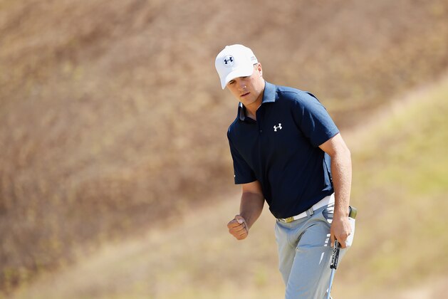 UNIVERSITY PLACE, WA - JUNE 19:  Jordan Spieth of the United States celebrates after a birdie putt on the ninth green during the second round of the 115th U.S. Open Championship at Chambers Bay on June 19, 2015 in University Place, Washington.  (Photo by Harry How/Getty Images)
