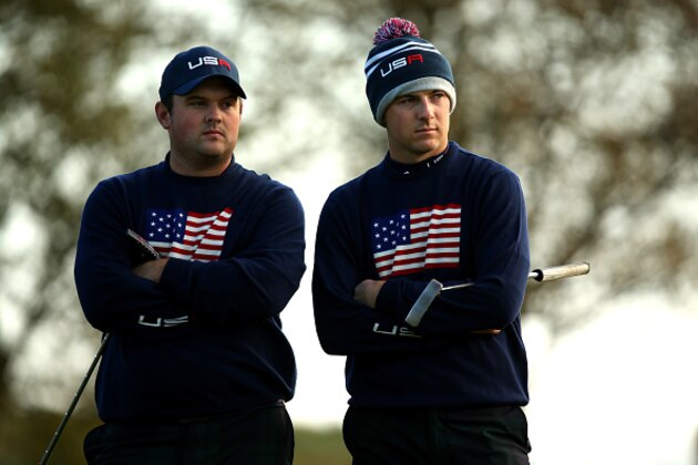 AUCHTERARDER, SCOTLAND - SEPTEMBER 27:  Patrick Reed of the United States and Jordan Spieth of the United States look on from the 4th green during the Morning Fourballs of the 2014 Ryder Cup on the PGA Centenary course at the Gleneagles Hotel on September 27, 2014 in Auchterarder, Scotland.  (Photo by Mike Ehrmann/Getty Images)