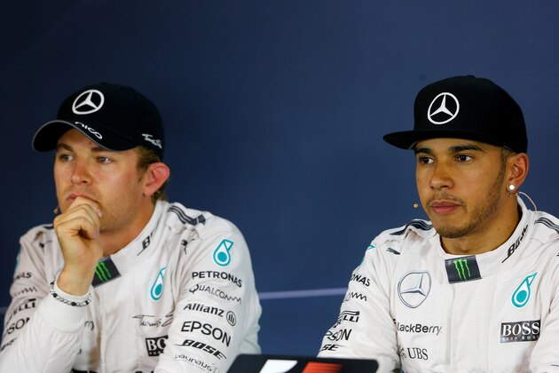 SPIELBERG, AUSTRIA - JUNE 20:  Lewis Hamilton of Great Britain and Mercedes GP and Nico Rosberg of Germany and Mercedes GP attend a press conference after qualifying for the Formula One Grand Prix of Austria at Red Bull Ring on June 20, 2015 in Spielberg, Austria.  (Photo by Charles Coates/Getty Images)