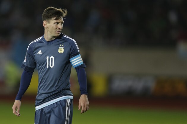Argentina's Lionel Messi looks on during a Copa America Group B soccer match against Uruguay at La Portada stadium in La Serena, Tuesday, June 16, 2015. (AP Photo/Natacha Pisarenko)