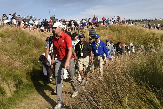 Jun 20, 2015; University Place, WA, USA; Jordan Spieth walks to the 12th tee in the third round of the 2015 U.S. Open golf tournament at Chambers Bay. Mandatory Credit: John David Mercer-USA TODAY Sports