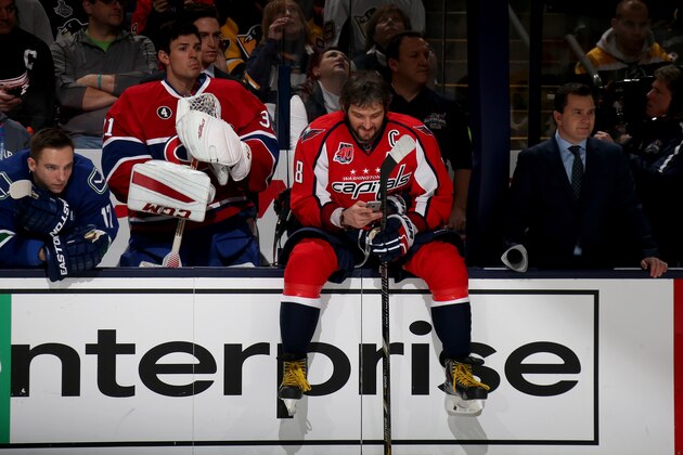 COLUMBUS, OH - JANUARY 24:  Carey Price #31 of the Montreal Canadiens and Team Foligno and Alex Ovechkin #8 of the Washington Capitals and Team Foligno look on  during the Gatorade NHL Skills Challenge Relay event of the 2015 Honda NHL All-Star Skills Competition at Nationwide Arena on January 24, 2015 in Columbus, Ohio.  (Photo by Bruce Bennett/Getty Images)