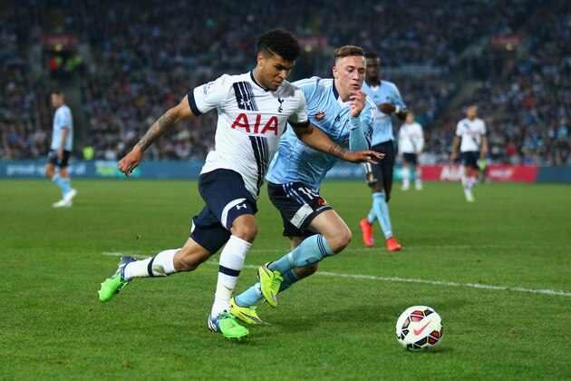 SYDNEY, AUSTRALIA - MAY 30:  DeAndre Yedlin of Hotspur and  Alex Gersbach of Sydney FC contest the ball during the international friendly match between Sydney FC and Tottenham Spurs at ANZ Stadium on May 30, 2015 in Sydney, Australia.  (Photo by Cameron Spencer/Getty Images)