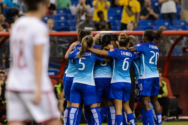 MONTREAL, QC - JUNE 13:  Andressa Alves #9 of Brazil celebrates her goal with teammates during the 2015 FIFA Women's World Cup Group E match against Spain at Olympic Stadium on June 13, 2015 in Montreal, Quebec, Canada.  Brazil defeated Spain 1-0. (Photo by Minas Panagiotakis/Getty Images)