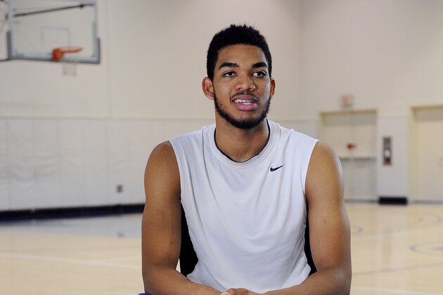 THOUSAND OAKS, CA - MAY 28:  NBA Draft Prospect, Karl-Anthony Towns speaks to the media after a work out on May 28, 2015 at The Spectrum Club/Pro Active Sports Performance Lab in Thousand Oaks, California. NOTE TO USER: User expressly acknowledges and agrees that, by downloading and/or using this Photograph, user is consenting to the terms and conditions of the Getty Images License Agreement. Mandatory Copyright Notice: Copyright 2015 NBAE (Photo by Juan Ocampo/NBAE via Getty Images)