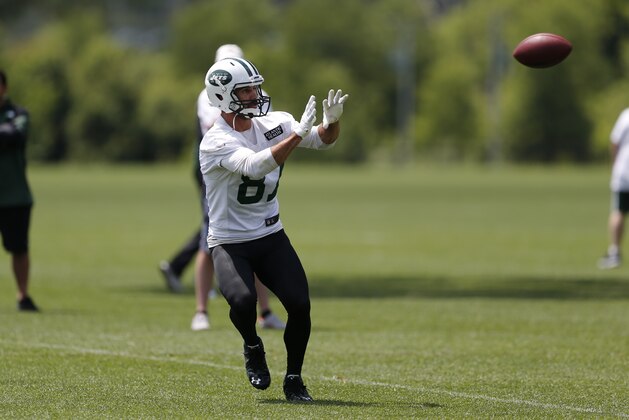New York Jets wide receiver Eric Decker makes a catch during NFL football mini camp, Wednesday, June 10, 2015, in Florham Park, N.J. (AP Photo/Julio Cortez)