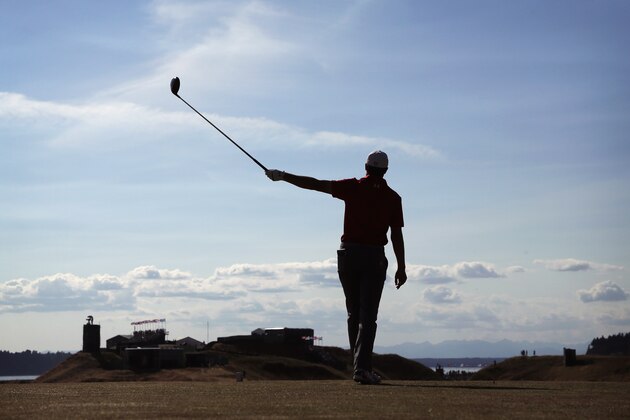 Jordan Spieth watches his tee shot on the 10th hole during the third round of the U.S. Open golf tournament at Chambers Bay on Saturday, June 20, 2015 in University Place, Wash. (AP Photo/Charlie Riedel)