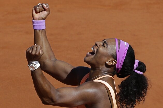 Serena Williams of the U.S. celebrates winning the final of the French Open tennis tournament against Lucie Safarova of the Czech Republic in three sets, 6-3, 6-7, 6-2, at the Roland Garros stadium, in Paris, France, Saturday, June 6, 2015. (AP Photo/Thibault Camus)