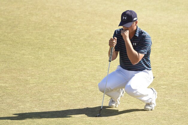 Jun 21, 2015; University Place, WA, USA; Jordan Spieth reacts after missing a putt on the 11th green in the final round of the 2015 U.S. Open golf tournament at Chambers Bay. Mandatory Credit: John David Mercer-USA TODAY Sports