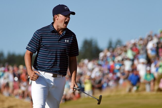 UNIVERSITY PLACE, WA - JUNE 21:  Jordan Spieth of the United States celebrates a birdie putt on the 16th green during the final round of the 115th U.S. Open Championship at Chambers Bay on June 21, 2015 in University Place, Washington.  (Photo by Ross Kinnaird/Getty Images)