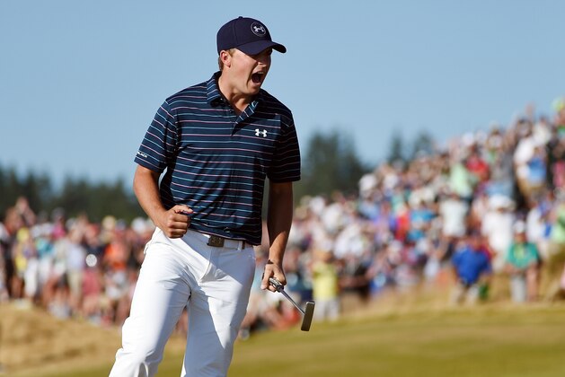 UNIVERSITY PLACE, WA - JUNE 21:  Jordan Spieth of the United States celebrates a birdie putt on the 16th green during the final round of the 115th U.S. Open Championship at Chambers Bay on June 21, 2015 in University Place, Washington.  (Photo by Ross Kinnaird/Getty Images)
