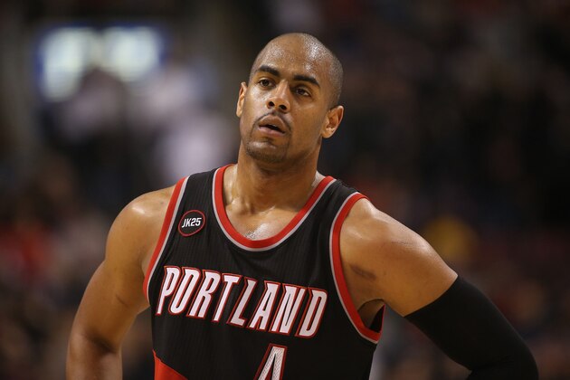 Mar 15, 2015; Toronto, Ontario, CAN; Portland Trail Blazers guard Arron Afflalo (4) looks on against the Toronto Raptors at Air Canada Canada Centre. The Trail Blazers beat the Raptors 113-97. Mandatory Credit: Tom Szczerbowski-USA TODAY Sports