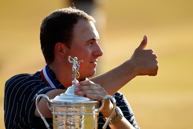 UNIVERSITY PLACE, WA - JUNE 21:  Jordan Spieth of the United States poses with the trophy after winning the 115th U.S. Open Championship at Chambers Bay on June 21, 2015 in University Place, Washington.  (Photo by Ezra Shaw/Getty Images)
