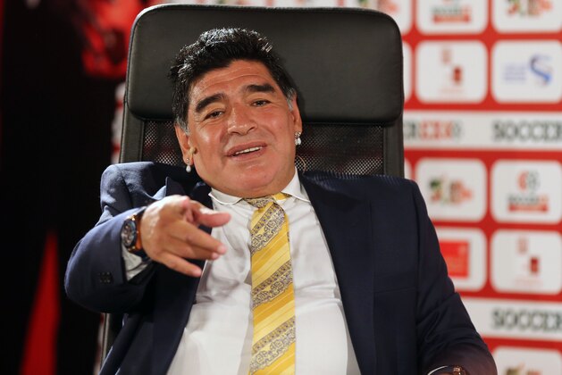 DEAD SEA, JORDAN- MAY 4: Football legend Diego Armando Maradona shares his experience during the session' El Diego: An Interview With Diego Maradona' on the second day of Soccerex convention, the world's largest football business event in Jordan bringing together global leaders in the business of football to debate network and do business on May 4, 2015 at the King Hussein convention centre, Dead Sea, Jordan. (Photo by Salah Malkawi/Getty Images for Soccerex)
