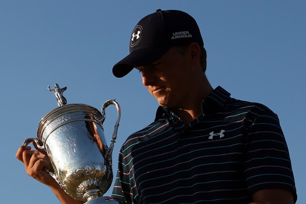 UNIVERSITY PLACE, WA - JUNE 21: Jordan Spieth of the United States glances at the trophy after winning the 115th U.S. Open Championship at Chambers Bay on June 21, 2015 in University Place, Washington. (Photo by Ezra Shaw/Getty Images) UNIVERSITY PLACE, WA - JUNE 21: Jordan Spieth of the United States glances at the trophy after winning the 115th U.S. Open Championship at Chambers Bay on June 21, 2015 in University Place, Washington. (Photo by Ezra Shaw/Getty Images)