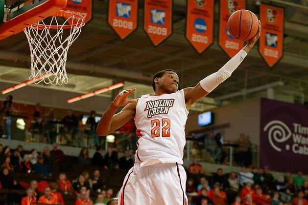 BOWLING GREEN, OH - MARCH 02:  Richaun Holmes #22 of the Bowling Green Falcons grabs a first half rebound while playing the Ohio Bobcats at the Stroh Center on March 2, 2013 in Bowling Green, Ohio. Ohio won the game 78-65. (Photo by Gregory Shamus/Getty Images)