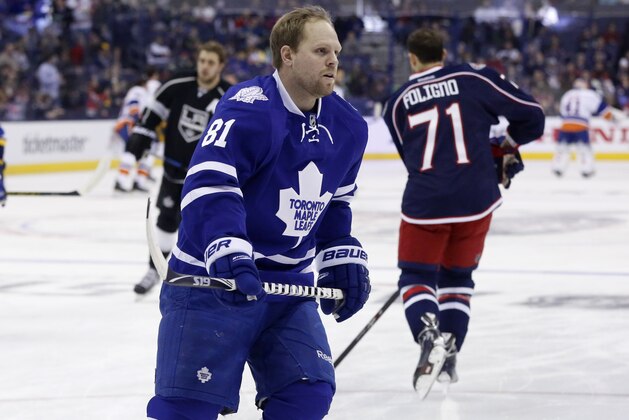 Toronto Maple Leafs' Phil Kessel warms up before the NHL All-Star hockey skills competition in Columbus, Ohio, Saturday, Jan. 24, 2015. (AP Photo/Gene J. Puskar)