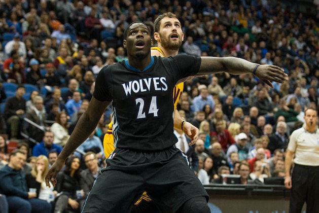 Jan 31, 2015; Minneapolis, MN, USA; Minnesota Timberwolves forward Anthony Bennett (24) boxes out Cleveland Cavaliers forward Kevin Love (0) at Target Center.  The Cavaliers defeated the Timberwolves 106-90. Mandatory Credit: Brace Hemmelgarn-USA TODAY Sports