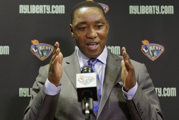 New York Liberty president Isiah Thomas speaks during a news conference in Tarrytown, N.Y., Thursday, May 21, 2015. Madison Square Garden chairman James Dolan has rehired Thomas - this time to run the WNBA's New York Liberty. (AP Photo/Seth Wenig)