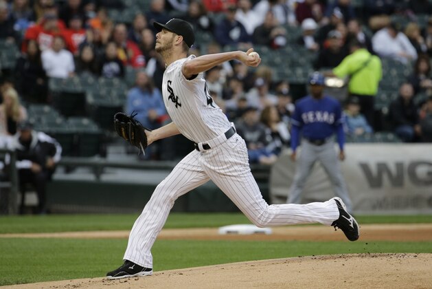 Chicago White Sox starter Chris Sale throws against the Texas Rangers during the first inning of a baseball game on Friday, June 19, 2015,  in Chicago. (AP Photo/Nam Y. Huh)