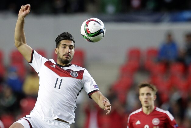 Germany’s Emre Can, left jumps for the ball, as Denmark’s Lasse Vigen Christensen look on during the Euro U21 soccer championship group A match between Germany and Denmark, at the Eden stadium stadium in Prague, Czech Republic, Saturday, June 20, 2015. (AP Photo/Petr David Josek)