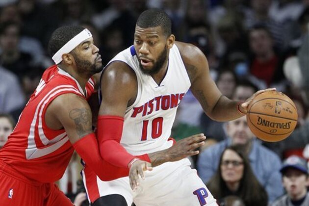 Detroit Pistons' Greg Monroe (10) drives against Houston Rockets' Josh Smith (5) during the first half of an NBA basketball game Saturday, Jan. 31, 2015, in Auburn Hills, Mich. (AP Photo/Duane Burleson) Detroit Pistons' Greg Monroe (10) drives against Houston Rockets' Josh Smith (5) during the first half of an NBA basketball game Saturday, Jan. 31, 2015, in Auburn Hills, Mich. (AP Photo/Duane Burleson)