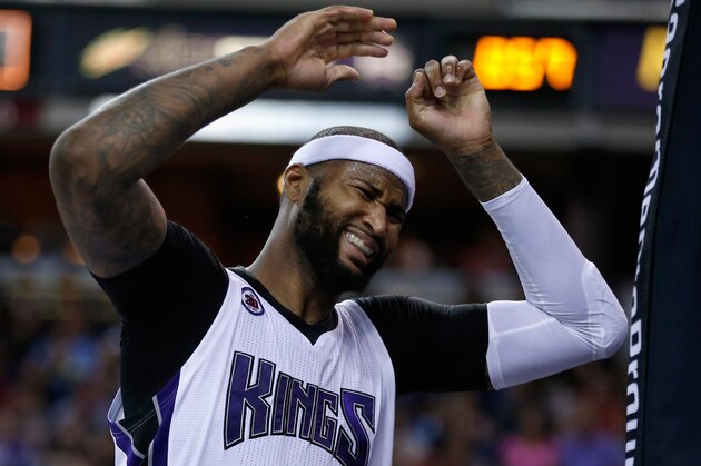SACRAMENTO, CA - APRIL 03:  DeMarcus Cousins #15 of the Sacramento Kings reacts after being called for a foul during their game against the New Orleans Pelicans at Sleep Train Arena on April 3, 2015 in Sacramento, California.  NOTE TO USER: User expressly acknowledges and agrees that, by downloading and or using this photograph, User is consenting to the terms and conditions of the Getty Images License Agreement.  (Photo by Ezra Shaw/Getty Images)