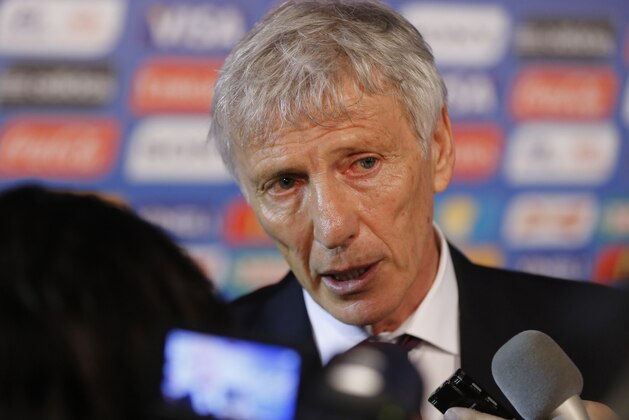 Colombia head coach Jose Pekerman from Argentina answers journalists' questions after   the draw ceremony for the 2014 soccer World Cup in Costa do Sauipe near Salvador, Brazil, Friday, Dec. 6, 2013. (AP Photo/Victor R. Caivano)