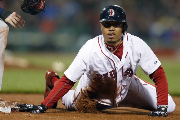 Boston Red Sox's Mookie Betts, right, looks up after being picked off at first base by Atlanta Braves' Freddie Freeman, left, during the sixth inning of a baseball game in Boston, Monday, June 15, 2015. (AP Photo/Michael Dwyer)