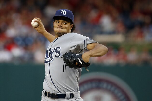 Tampa Bay Rays starting pitcher Chris Archer (22) throws during a baseball game against the Washington Nationals at Nationals Park, Thursday, June 18, 2015, in Washington. (AP Photo/Alex Brandon)