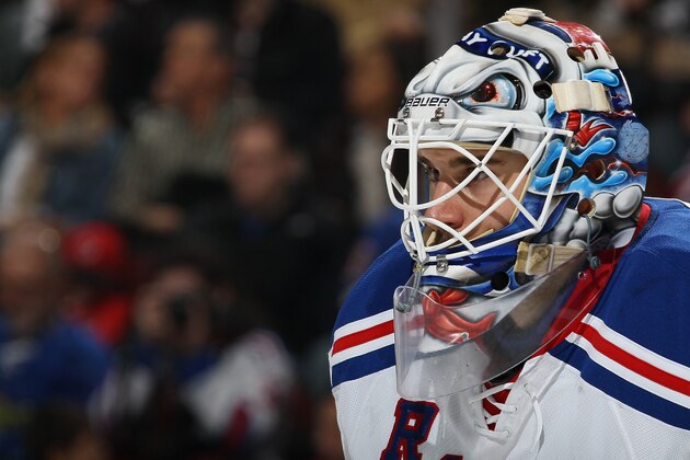 NEWARK, NJ - APRIL 07:  Cam Talbot #33 of the New York Rangers tends net against the New Jersey Devils at the Prudential Center on April 7, 2015 in Newark, New Jersey. The Rangers defeated the Devils 4-2.  (Photo by Bruce Bennett/Getty Images)