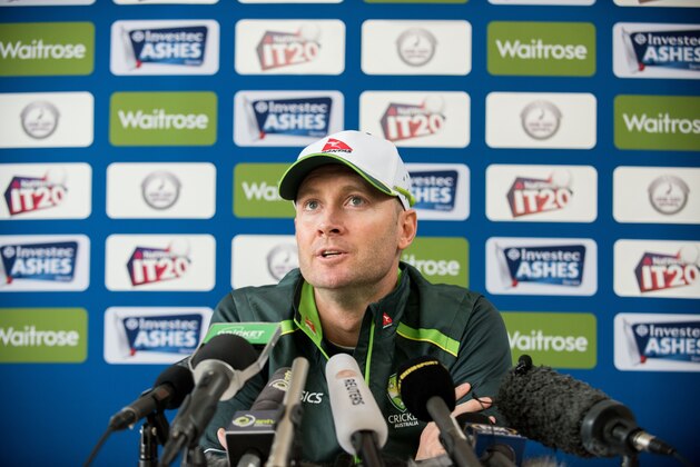 WATFORD, ENGLAND - JUNE 21:  Michael Clarke addresses the media during the Australian Team Arrival Press Conference at Old Merchant Taylors' School on June 21, 2015 in Watford, England.  (Photo by Nicky Sims/Getty Images)